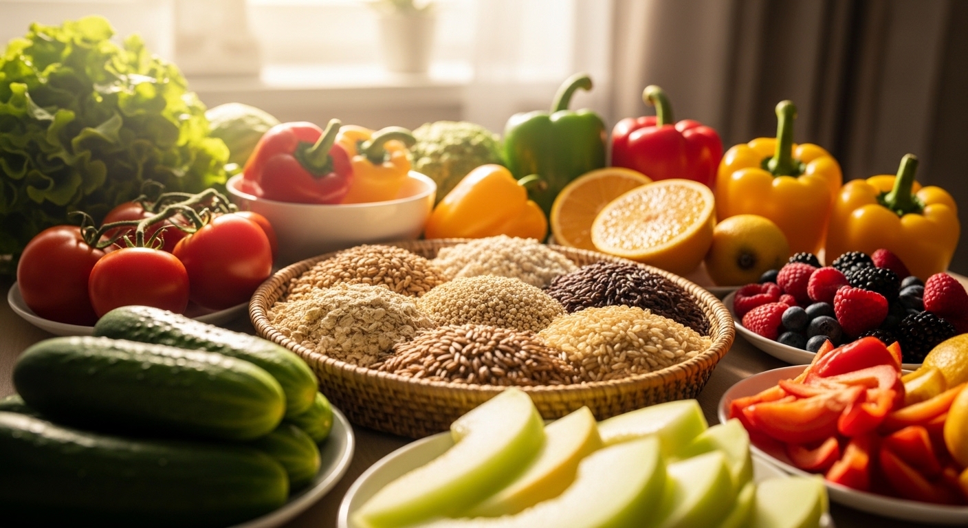 신선한 채소, 통곡물, 과일이 예쁘게 차려진 식탁 위로 따뜻하고 화사한 아침 햇살이 비추는 감성적인 사진입니다.