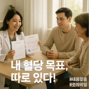 실사 스타일, 밝고 깨끗한 병원 상담실에서 온화한 인상의 30대 여성 의사가 임산부, 20대 남성, 60대 여성을 마주보고 앉아있다. 의사는 각 사람에게 맞는 각기 다른 내용의 건강 데이터 차트를 보여주며 친절하게 설명하고 있고, 사람들은 안심하며 경청하는 표정이다. 창가에서 들어오는 자연광이 인물들을 부드럽게 비추며 전체적으로 따뜻하고 희망적인 분위기를 연출한다. 배경은 약간 흐릿하게 처리하여 인물들에게 시선이 집중되도록 한다.