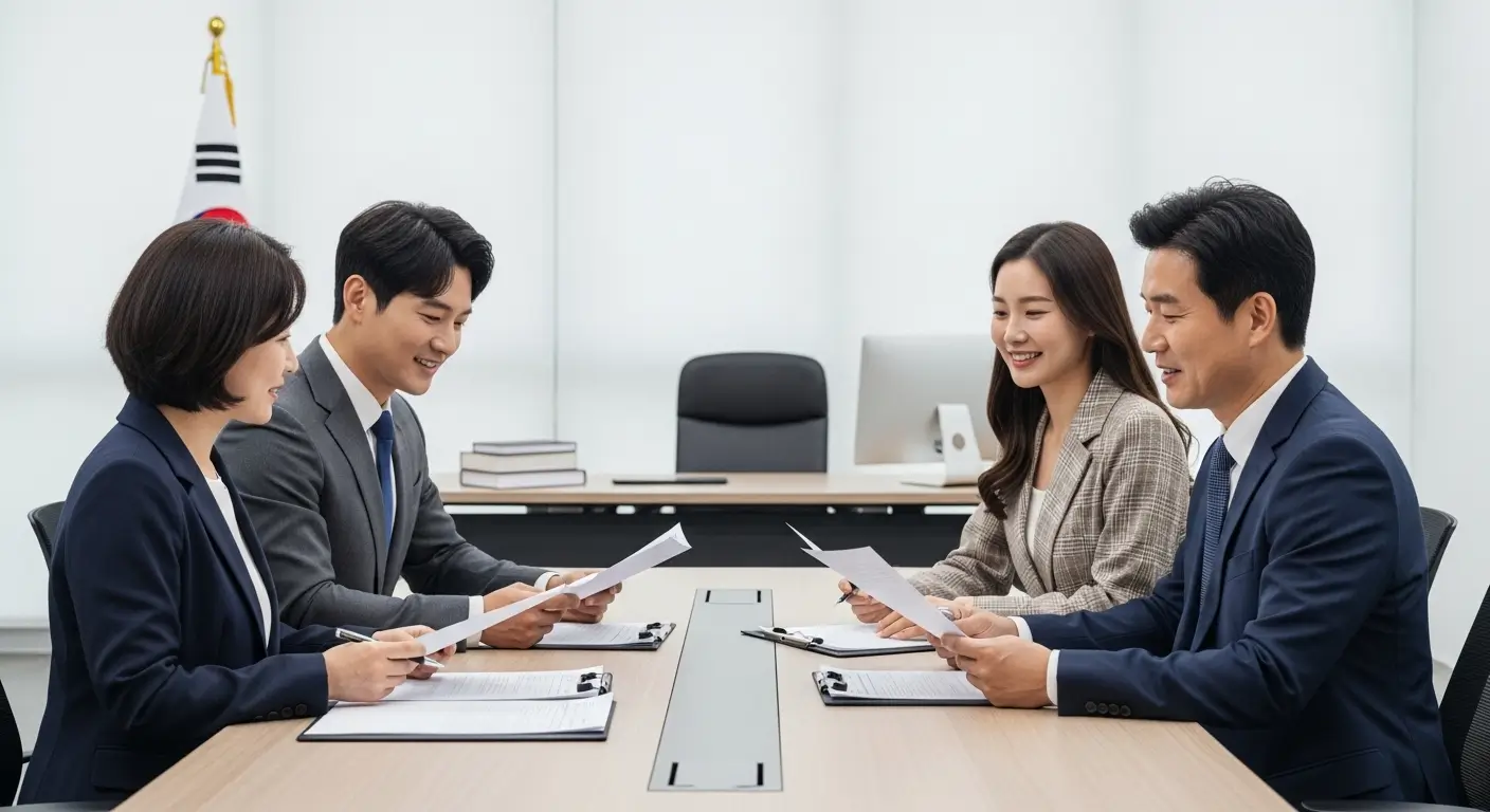 한 한국인 부부가 세무사, 법무사와 함께 팀을 이루어, 1가구 2주택 대출 및 세금 문제를 해결하는 모습