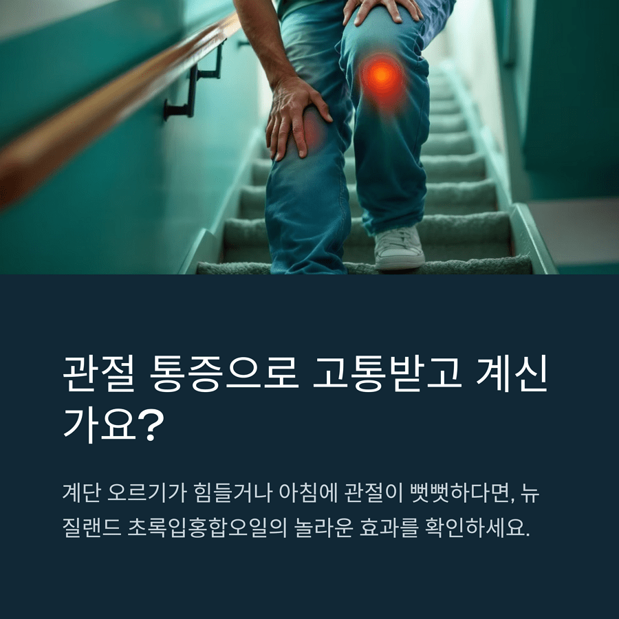 관절 통증으로 고생하는 중년 남성이 무릎을 잡고 있는 모습과 초록입홍합오일 해결책 안내