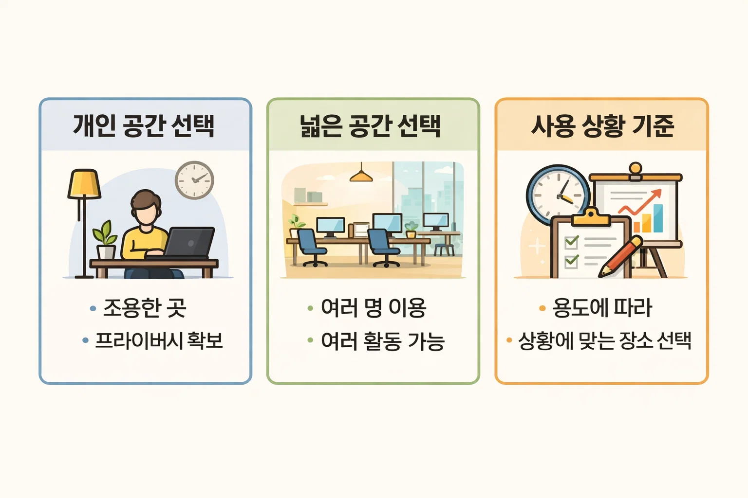 개인 공간과 넓은 공간에서의 전기히터&middot;온풍기 사용 기준을 용도와 상황별로 구분한 이미지