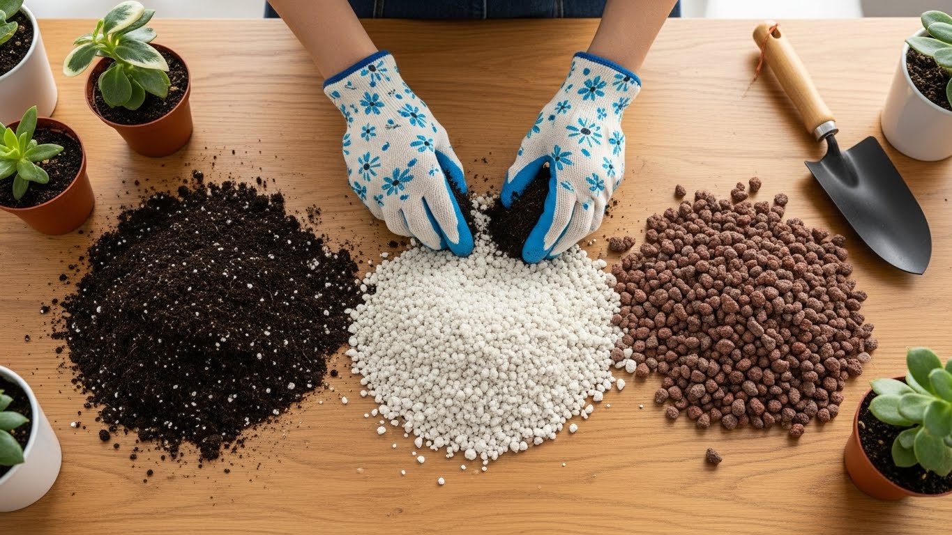 분갈이를 위해 상토, 펄라이트, 마사토를 나무 테이블 위에서 적절한 비율로 배합하고 있는 원예 전문가의 손과 깨끗한 실내 가드닝 환경 이미지