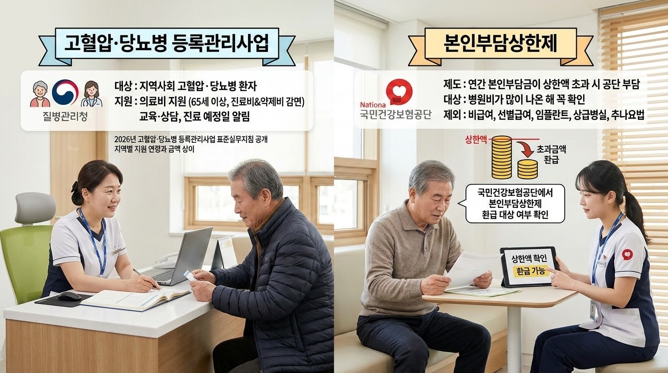 고혈압&middot;당뇨병 등록관리사업과 본인부담상한제 
지역사회에서 고혈압과 당뇨병 환자를 등록&middot;관리하기 위한 사업