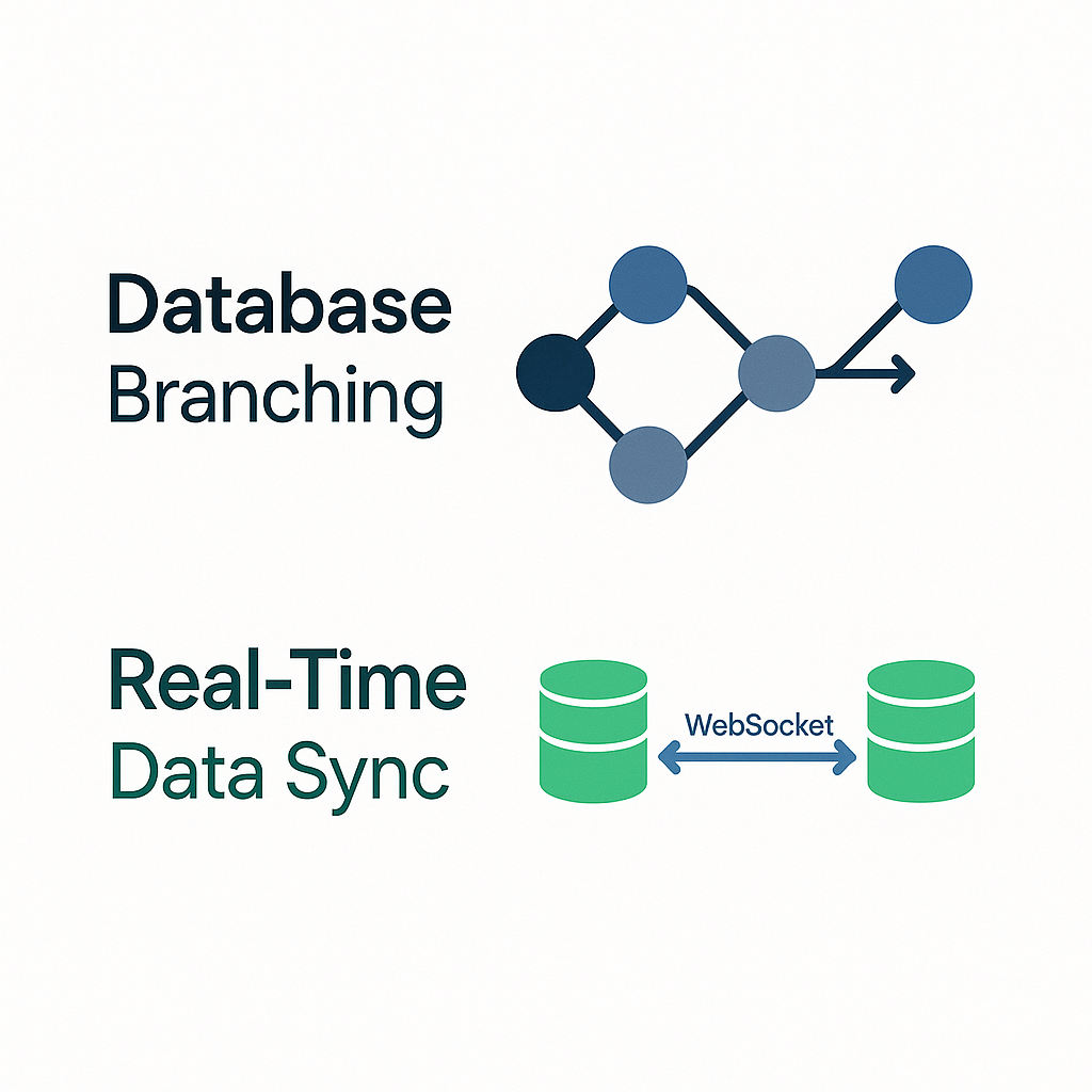PlanetScale의 브랜칭 워크플로우와 Supabase의 실시간 동기화 아키텍처를 비교하는 기술 다이어그램
