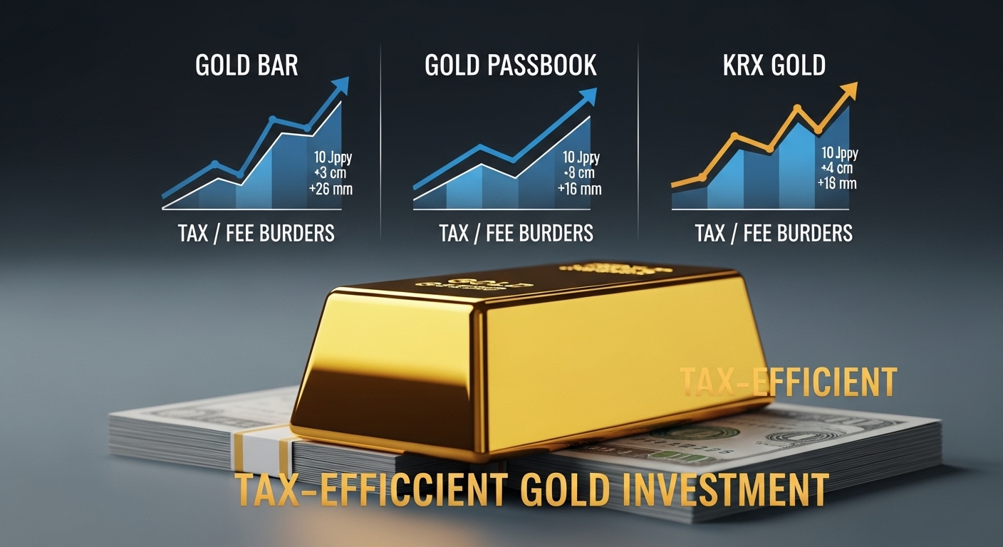 "A large, shiny gold bar resting on a stack of currency notes. In the background, three distinct graphs show an upward trend, representing different investment methods (Gold Bar, Gold Passbook, KRX Gold) with a clear visual distinction for tax or fee burdens. The color palette should emphasize classic blue, gold, and white, suggesting stability and financial clarity. Professional, clean, and focus on the concept of 'tax-efficient gold investment'."