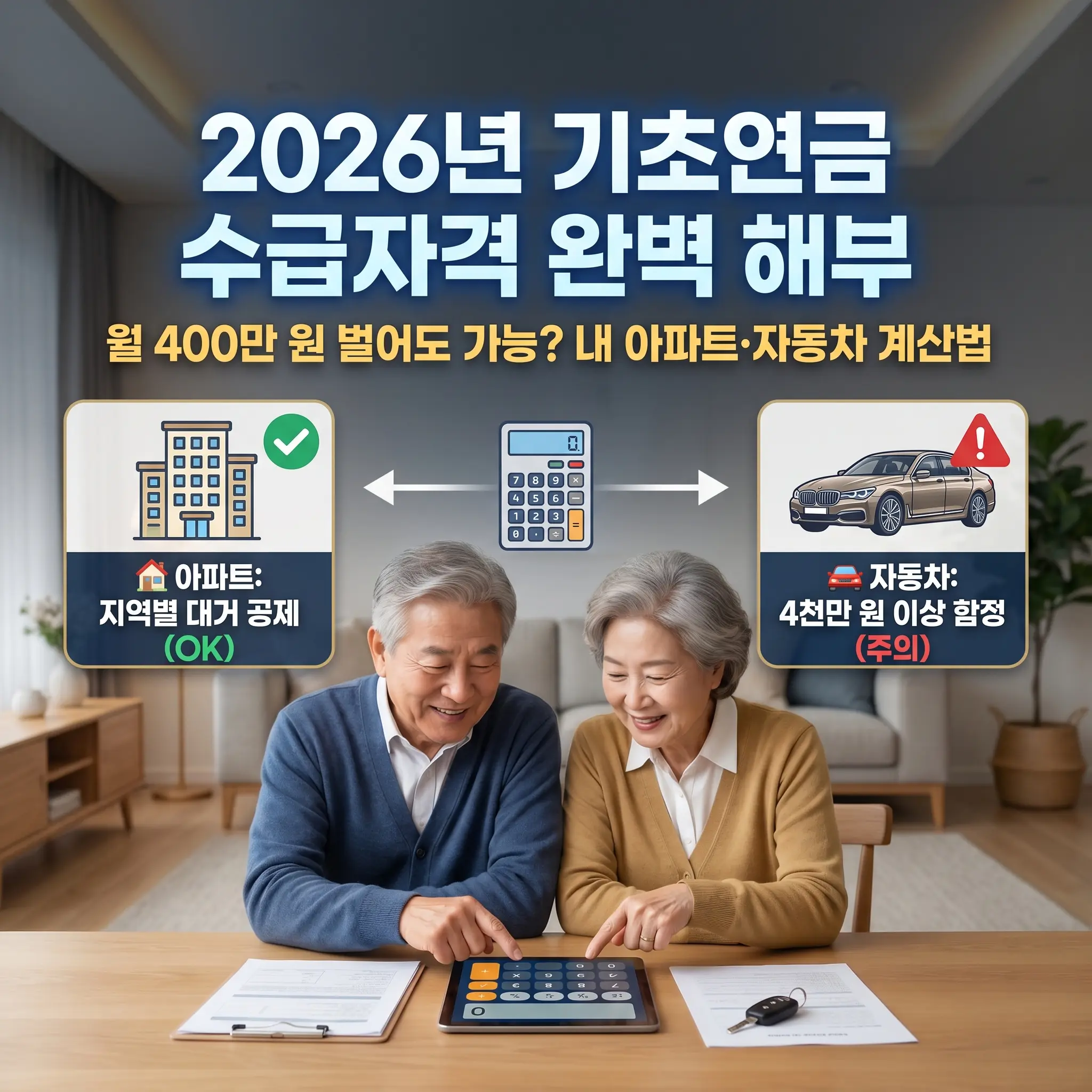 2026년 기초연금 수급자격 완벽 해부 및 소득인정액 모의계산 썸네일. 아파트 지역별 공제 혜택과 4천만 원 이상 자동차 기준 등 핵심 정보 안내.