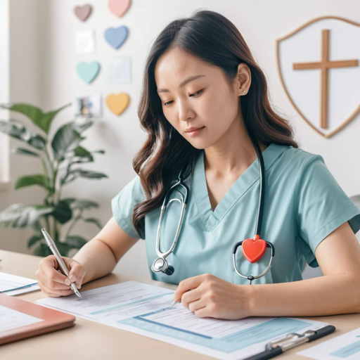 의료 서류를 작성 중인 여성 간호사. 청록색 스크럽을 입고 있으며 청진기에 하트 장식이 달려 있다. 뒷배경에는 벽에 걸린 십자가와 하트 장식, 화분이 보여 따뜻한 병원 진료실 분위기를 표현