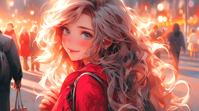 길거리에서 긴 파마머리를 한 젊은 미녀가 살짝 왼쪽을 돌아보며 미소짓는다. 거리엔 다른 사람들이 있다.