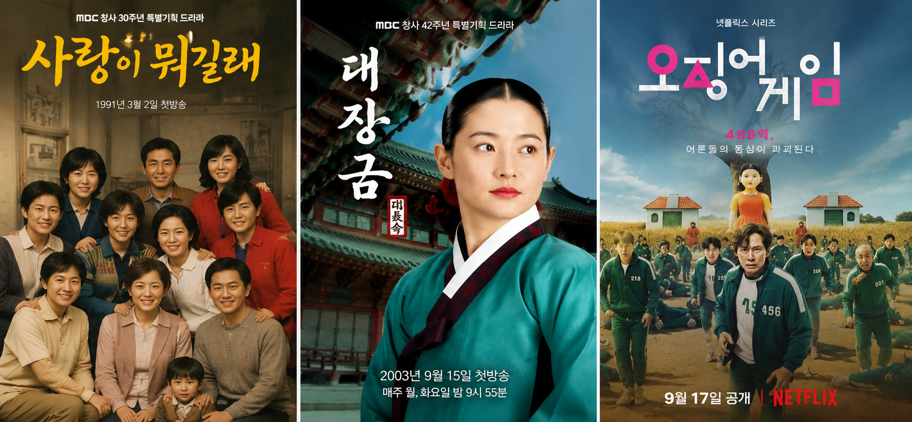 사랑이 뭐길래, 대장금, 오징어 게임 포스터