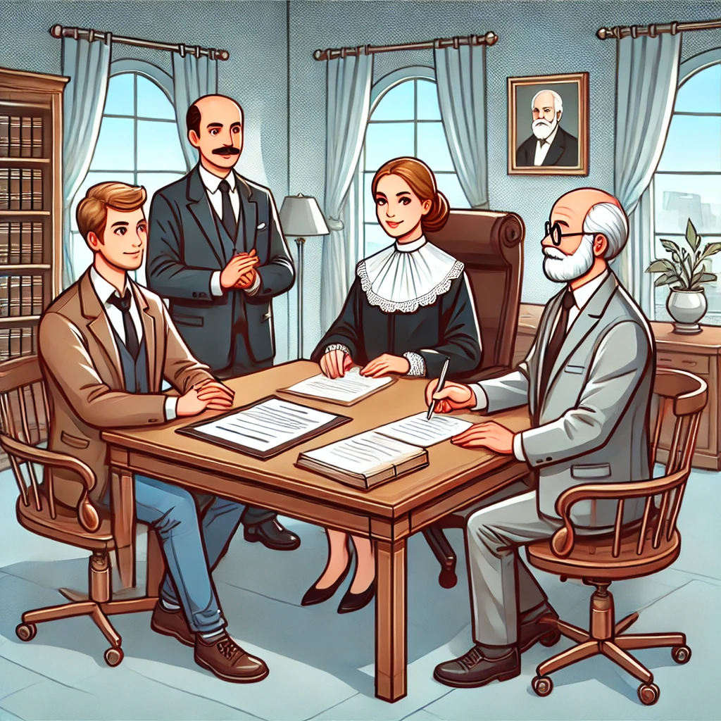 공증인이 유언자의 진술을 필기하는 장면