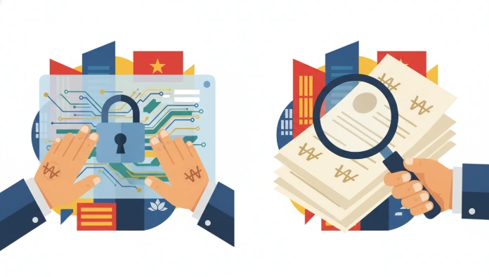 베트남 은행 계좌 동결 시 필요한 서류 준비 및 문제 해결 과정을 상징하는 이미지.