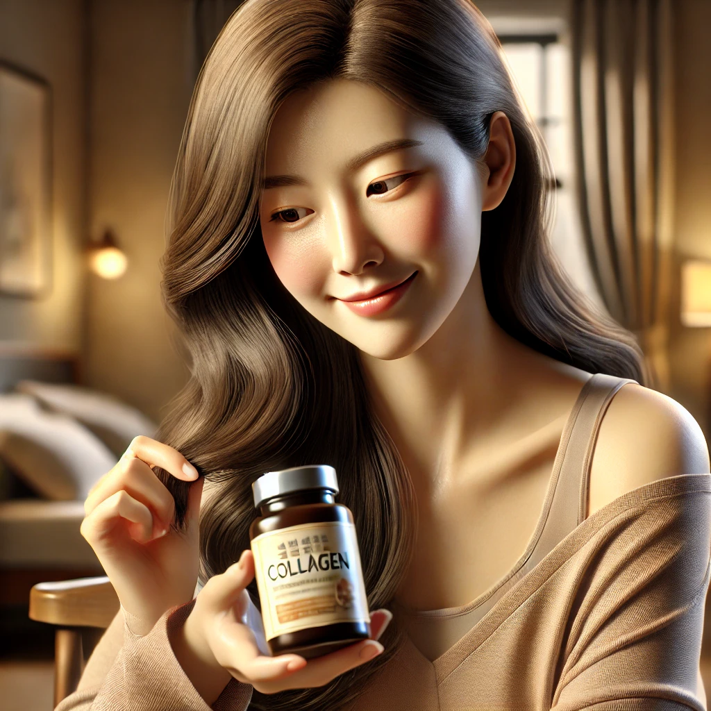 콜라겐 보충제를 들고 만족스러운 표정을 짓는 한국인 여성 (모발 건강과 피부 개선 표현)