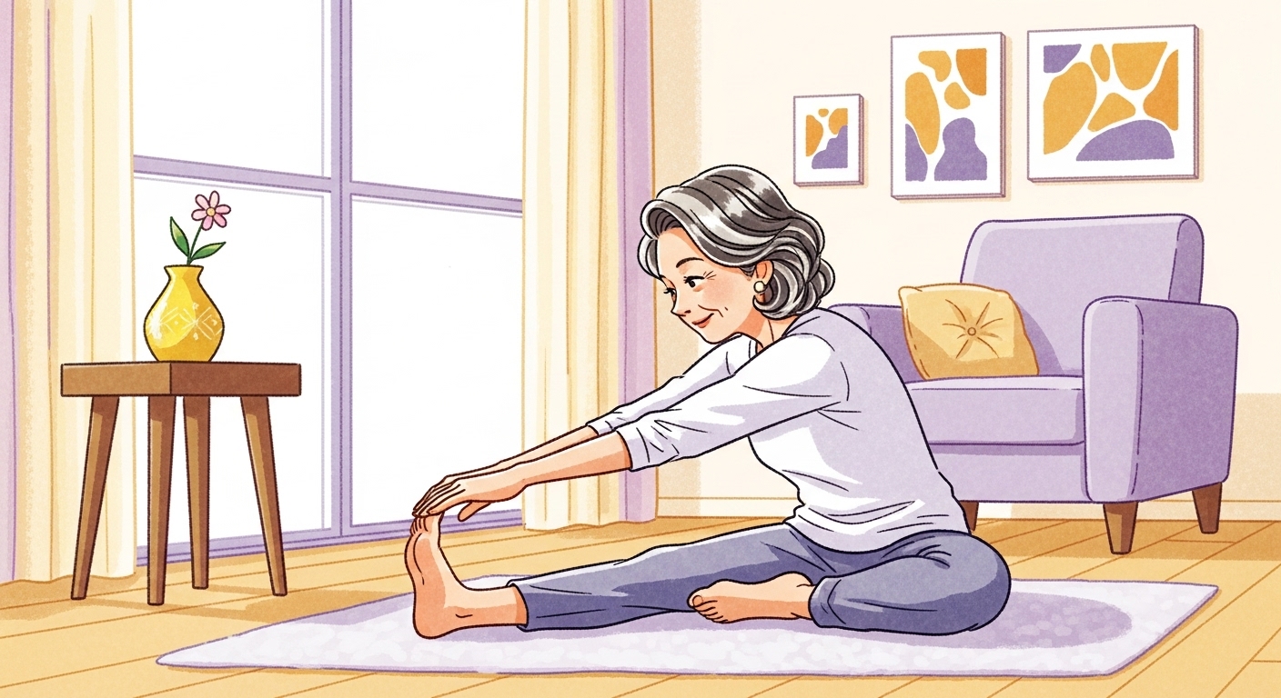 집에서 편안하게 간단한 스트레칭을 하고 있는 활기찬 시니어 여성