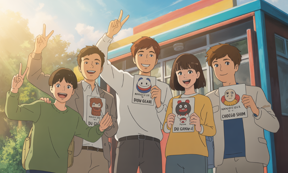 2025년 대선 투표소 앞에서 인기 캐릭터 인증용지를 들고 웃는 젊은이들