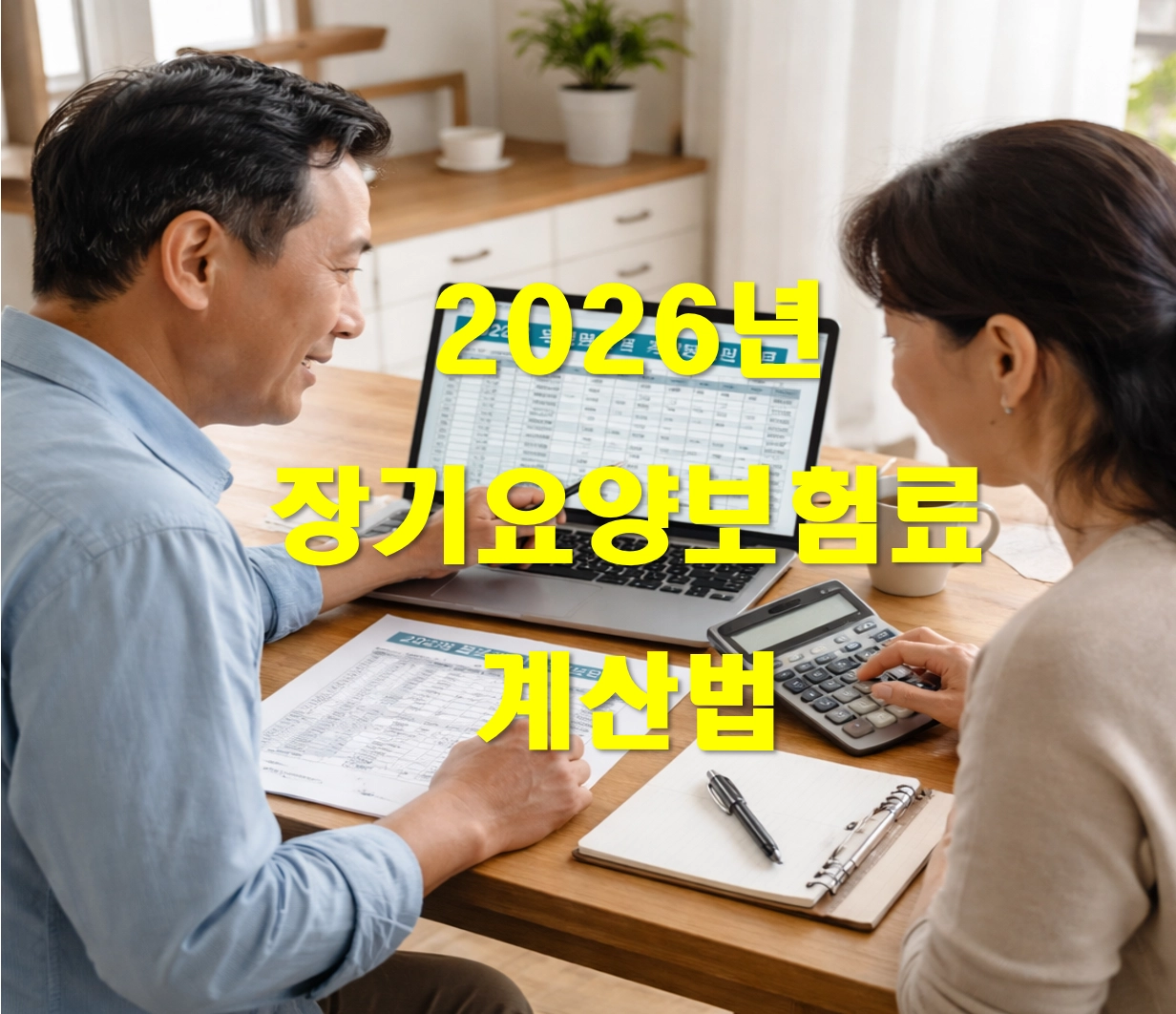 2026년 장기요양보험료 계산식을 확인하면 계산기와 노트를 보는 장면