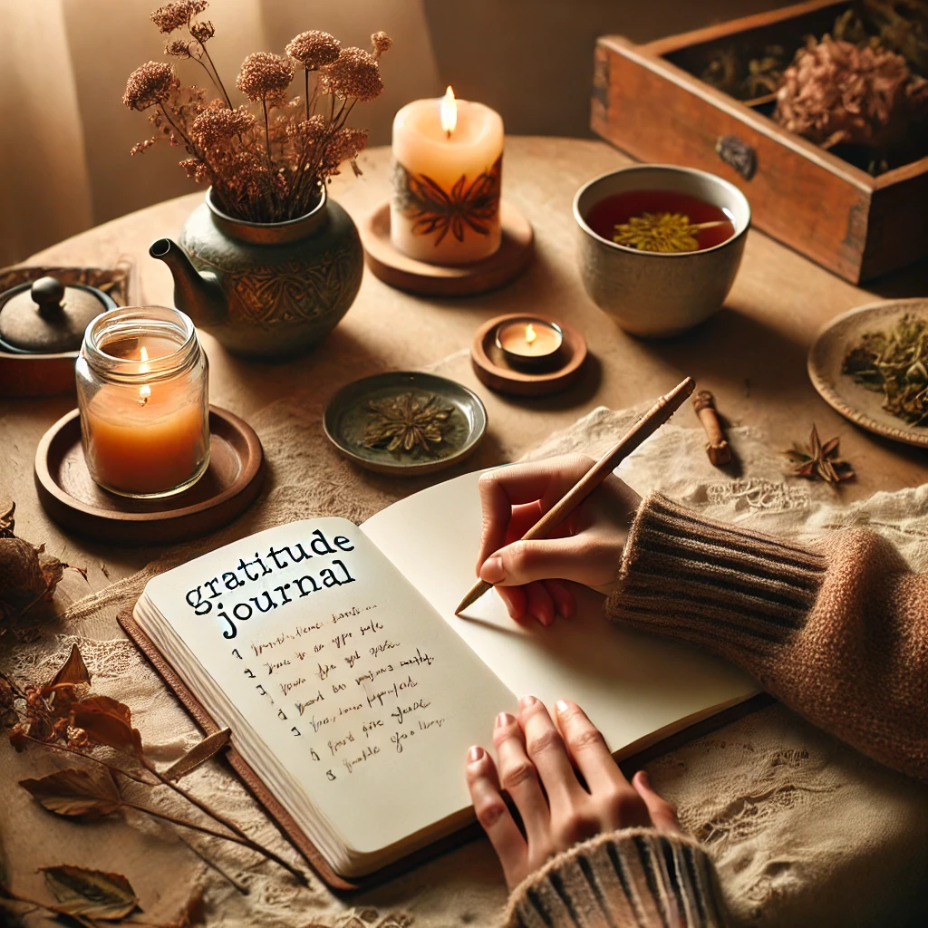 "따뜻한 분위기의 책상 위에 놓인 노트와 허브차, 손으로 감사 일기를 작성하는 모습"