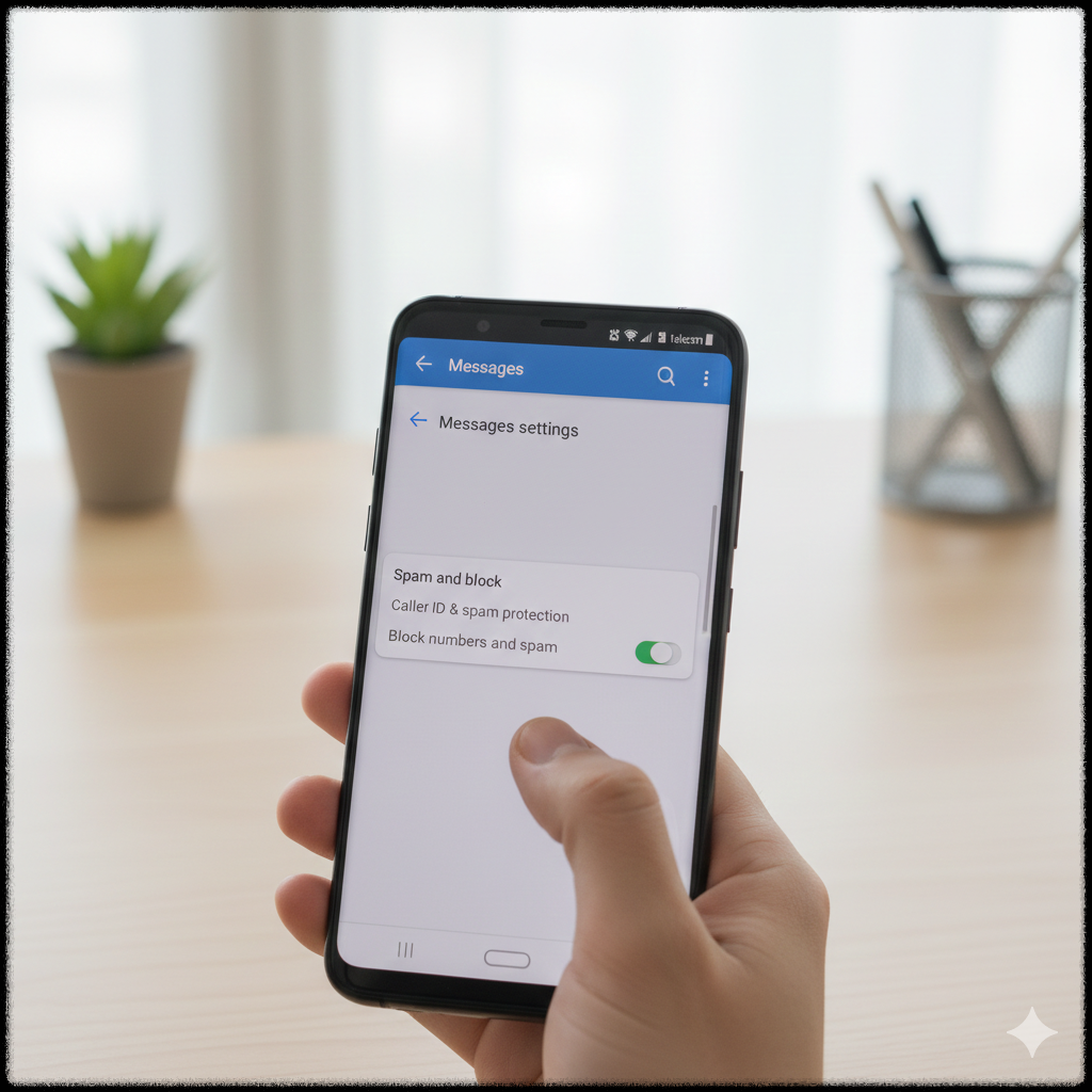 스마트폰 메시지 앱에서 스팸 차단 설정을 확인하는 모습