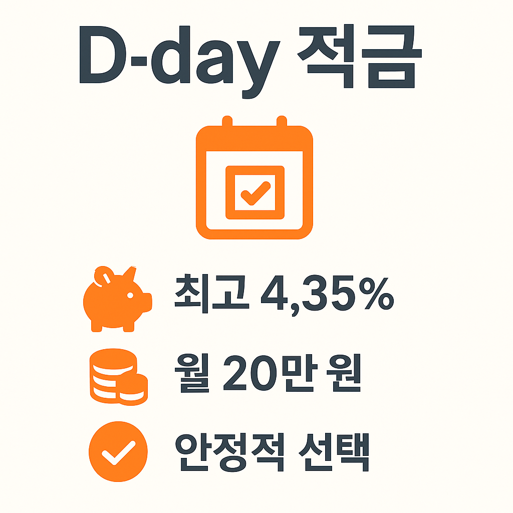 기업은행 D-day 적금 상품을 소개하는 인포그래픽으로, 최고 4.35% 금리, 월 20만 원 납입 가능, 안정적인 선택이 가능한 저축 상품 특징을 보여줍니다.
