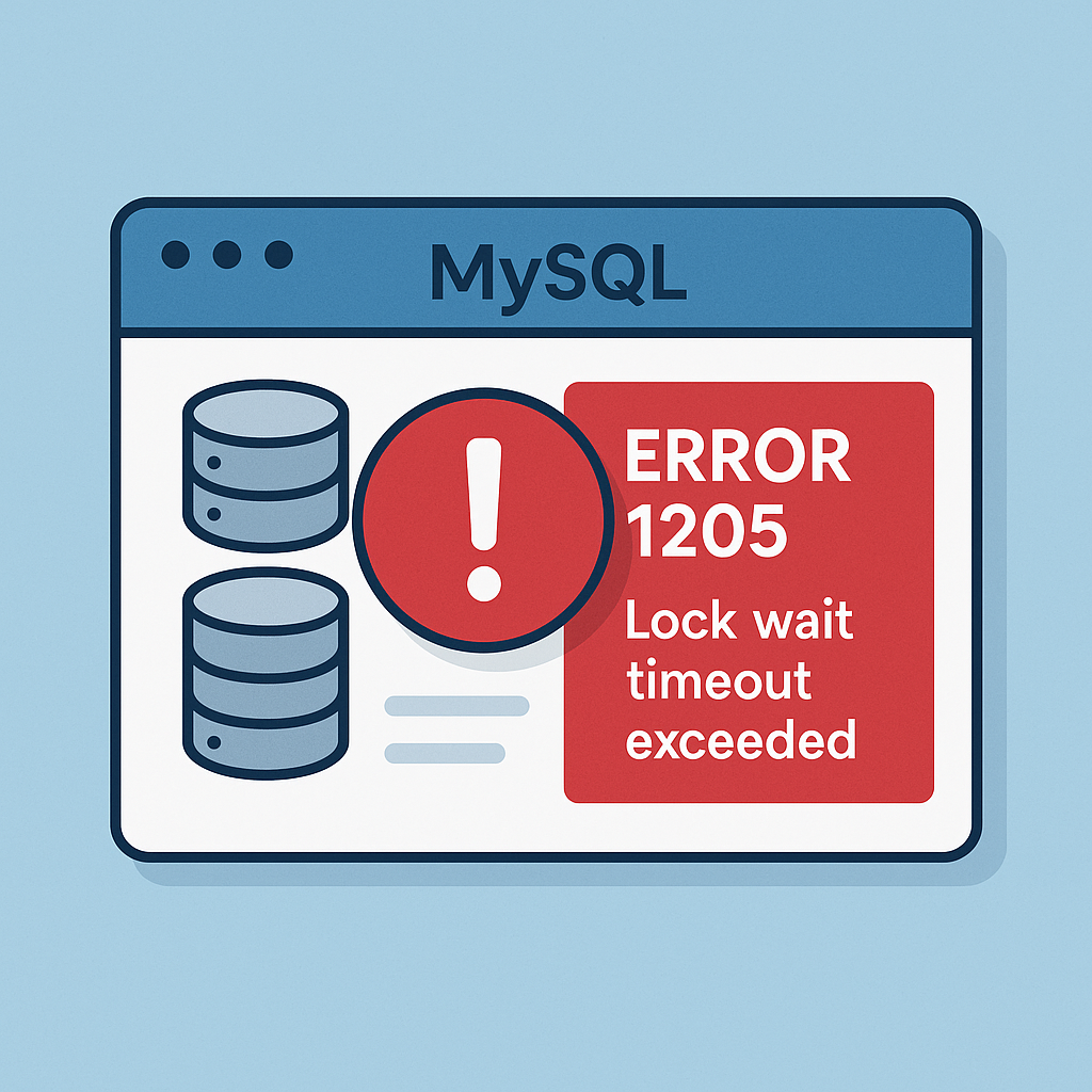 MySQL ERROR 1205 lock wait timeout exceeded troubleshooting guide illustration showing database server with warning notification
