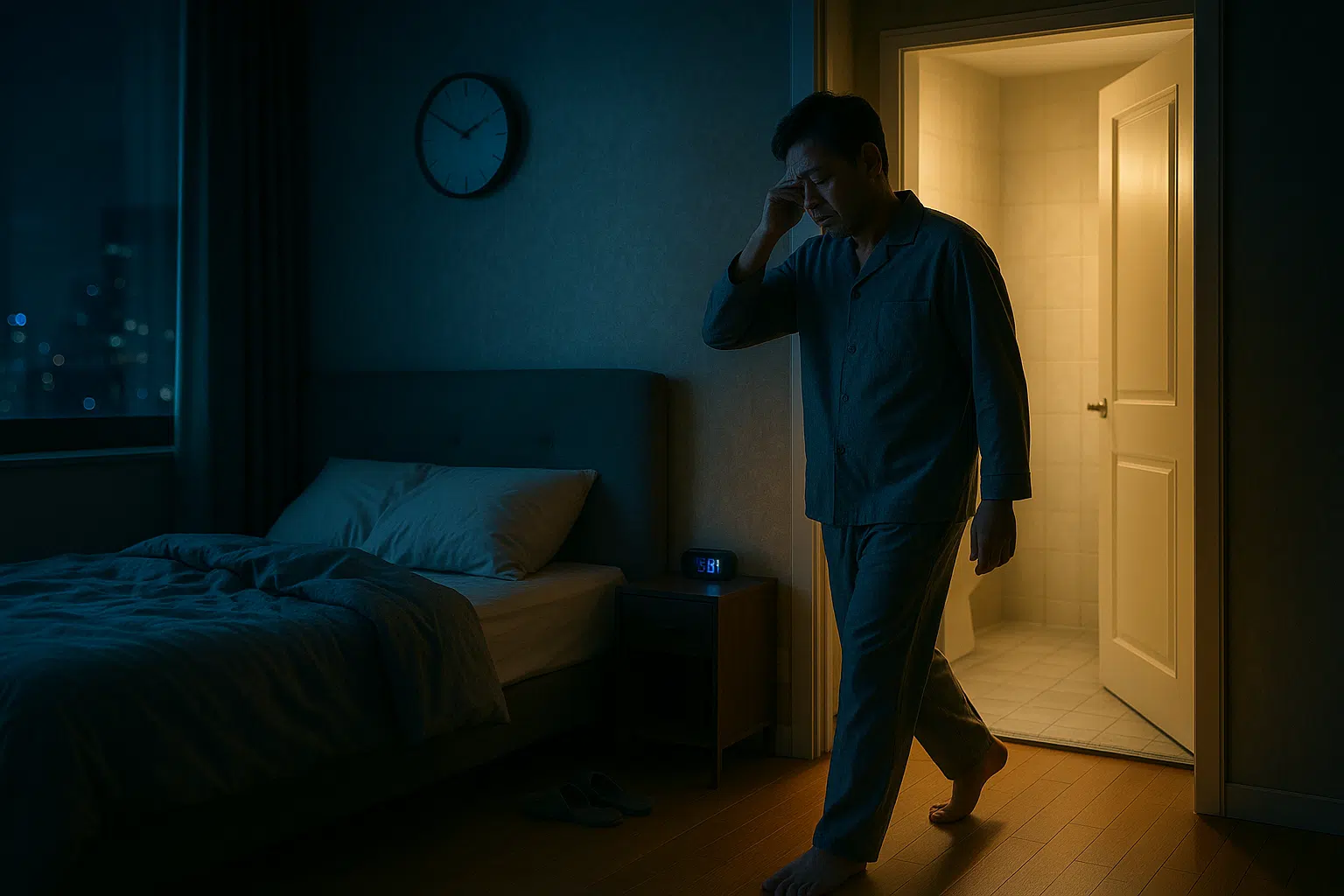 밤중에 잠에서 깨어 화장실로 가는 중년 남성, 어두운 방 안, 시계가 새벽 시간을 가리킴, 피곤한 표정, 침대와 화장실 사이를 오가는 장면