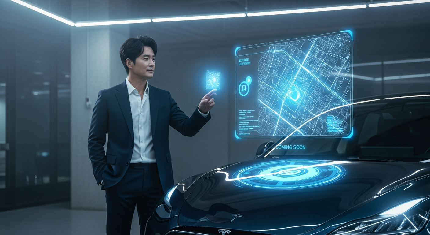 스마트폰으로 테슬라 FSD 한국 출시 뉴스를 확인하며 주가 상승에 대한 기대감을 보이는 투자자의 모습