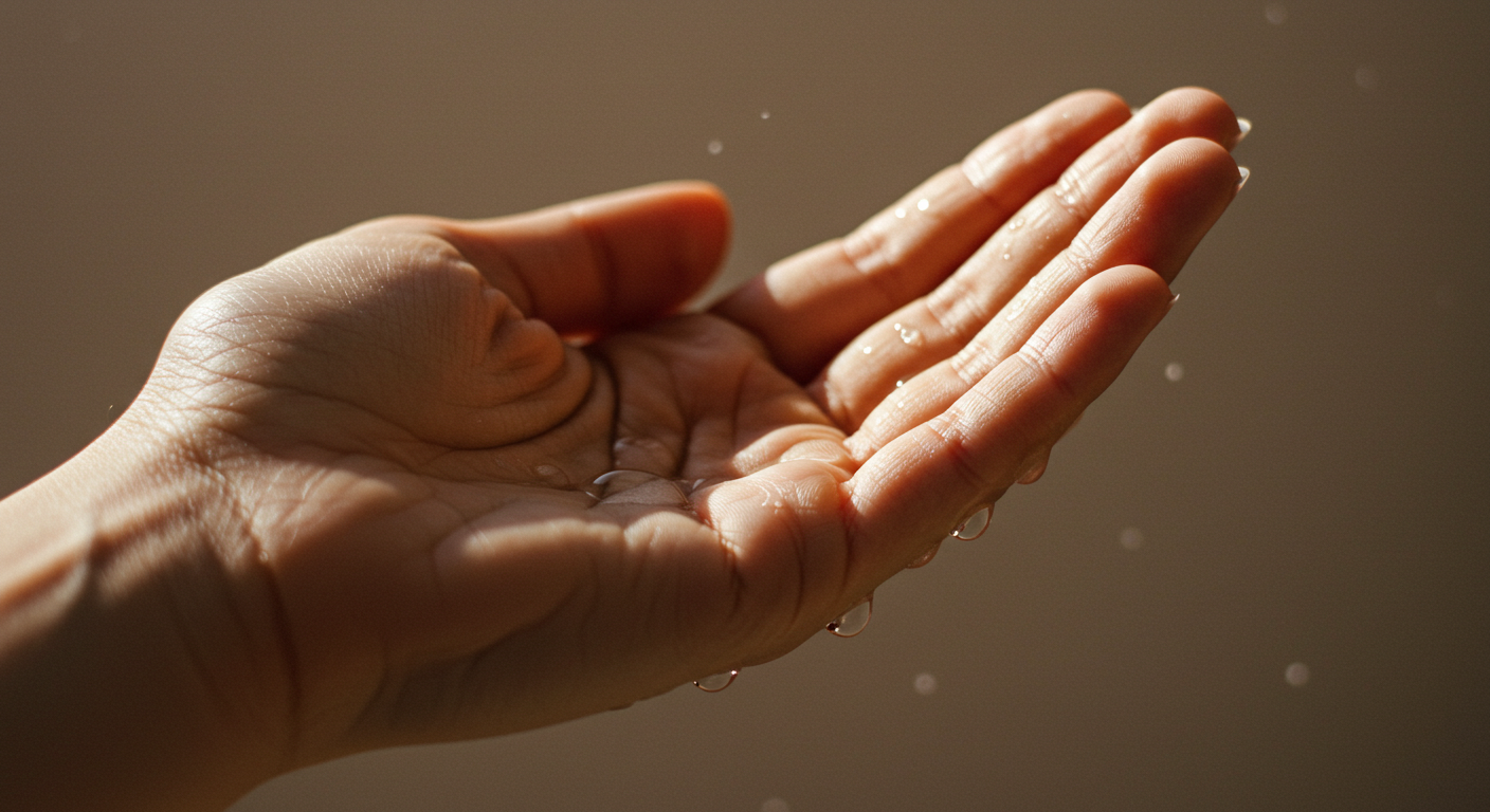 감정의 흐름을 상징하는 손 위의 물방울, 섬세한 감정과 치유의 순간