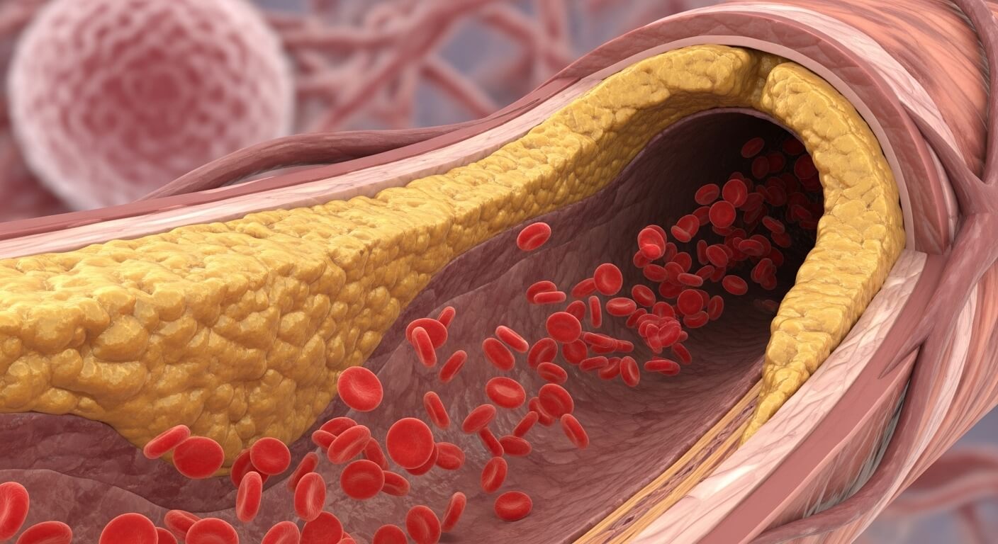 혈관이 지방으로 일부 막혀 있고 피가 흐르고 있다