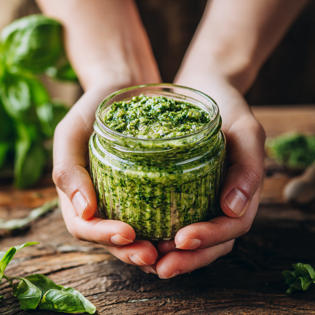홈메이드 바질페스토를 들고 있는 여성의 손과 따뜻한 주방 배경