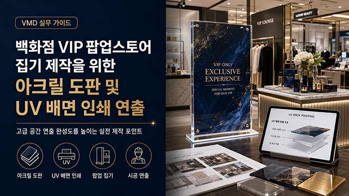 백화점 VIP 팝업스토어 집기 제작을 위한 아크릴 도판 및 UV 배면 인쇄 연출