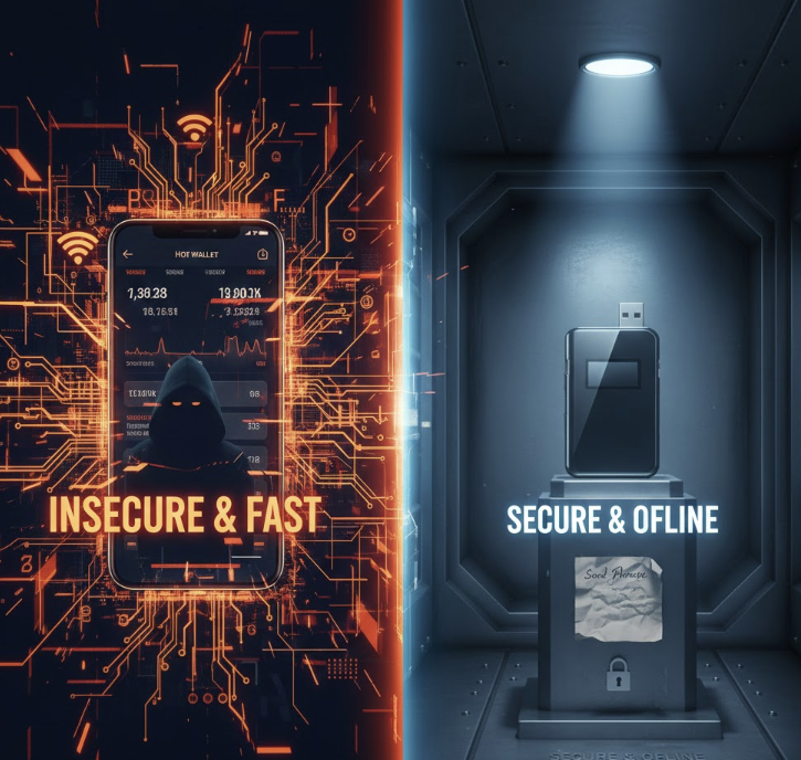 인터넷에 연결되어 거래가 빠르지만 해킹 위험이 있는 핫월렛(스마트폰 앱)과, 오프라인 상태로 안전하게 자산을 보관하는 콜드월렛(하드웨어 기기)의 특징 및 보안 차이를 보여주는 인포그래픽 이미지.