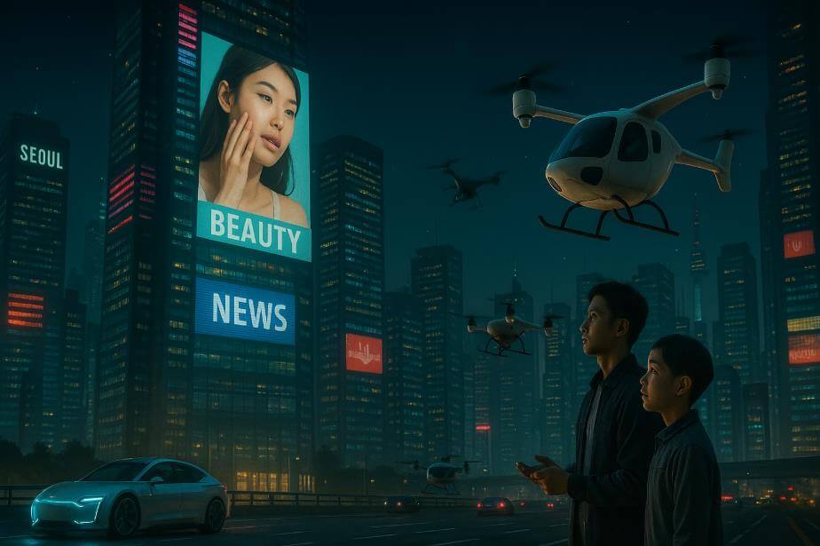 서울 미래 도시 속 전광판과 자율주행차, 드론이 함께하는 장면