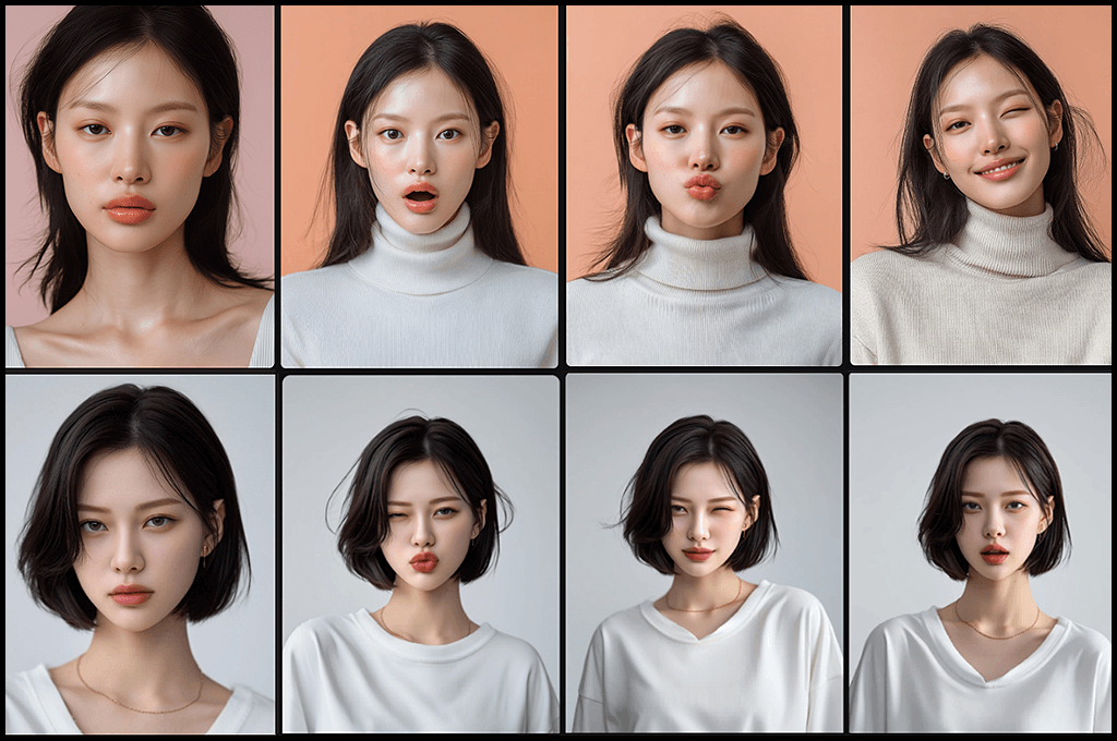 Midjourney OREF 실험, 한국 여성 인물 모델 정면 표정 클로즈업 설정 이미지_Midjourney