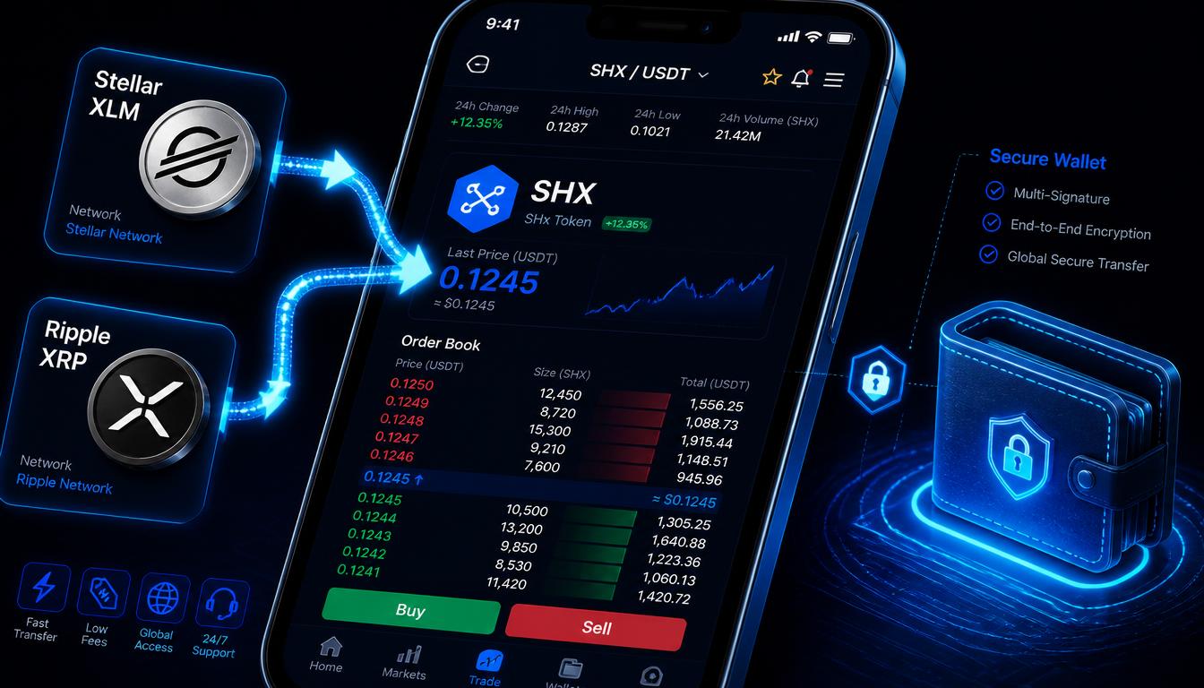 A smartphone screen rendering a cryptocurrency exchange order book with XLM/XRP to SHx deposit flow arrows.