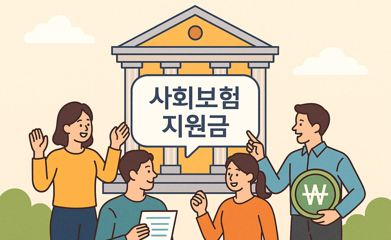 사회보험 지원금을 주제로 한 사무실 직원들의 대화 장면 이미지