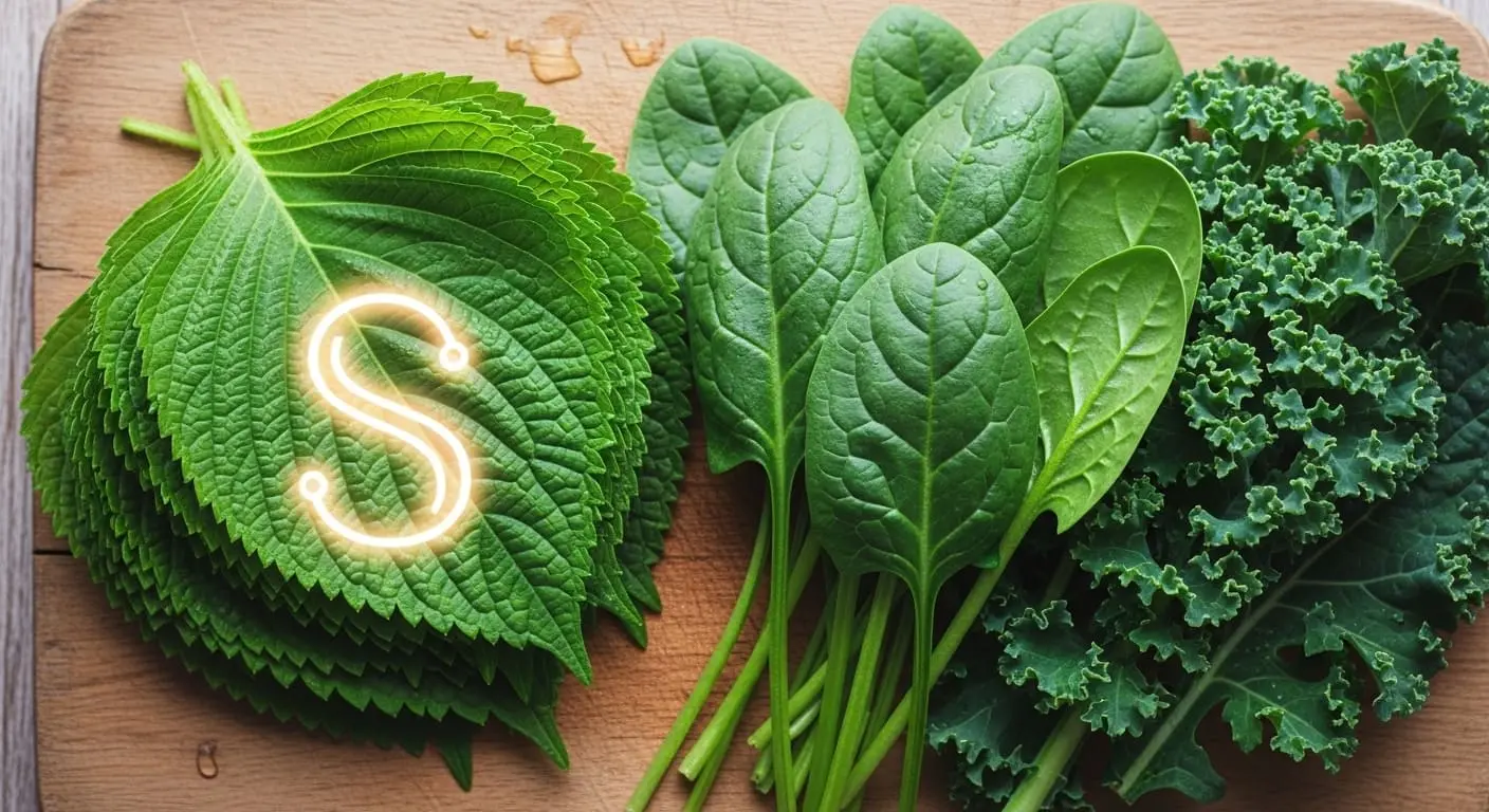 S등급 당뇨 채소인 깻잎, 시금치, 케일이 신선하게 놓여 있는 모습.