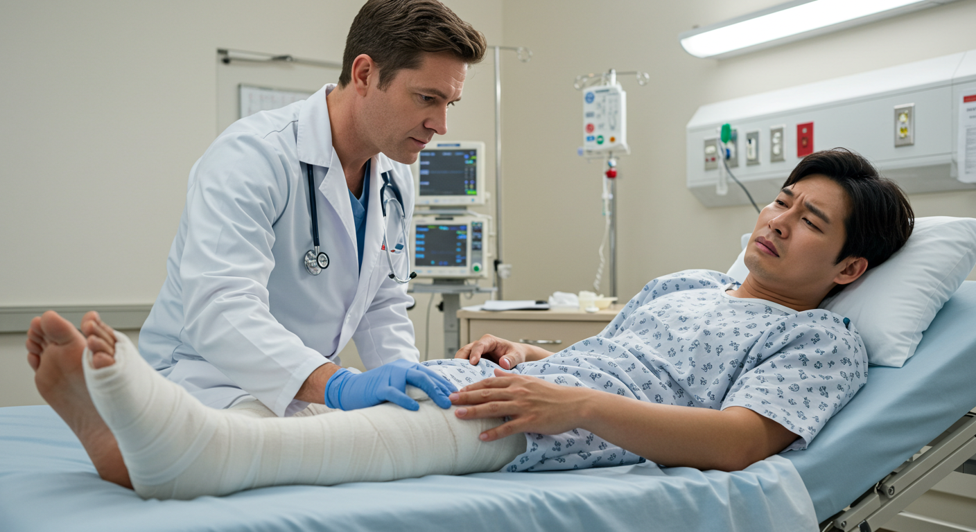 미국 병원에서 발목 골절로 고생하는 남성의 모습.