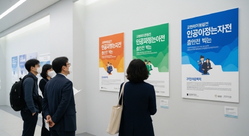 통합지원 포스터를 보는 사람들