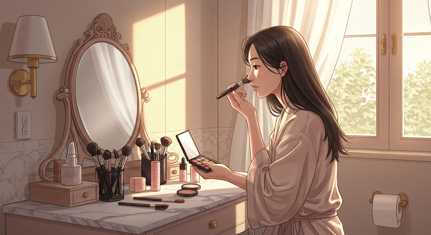 파우더룸에서 화장하는 사진