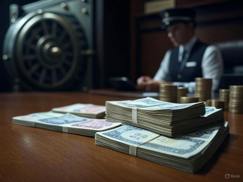 은행 금고를 지키는 보안요원이 있고 지폐와 동전이 쌓여있다