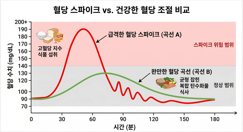 혈당 스파이크와 정상 혈당 곡선 비교 그래프
