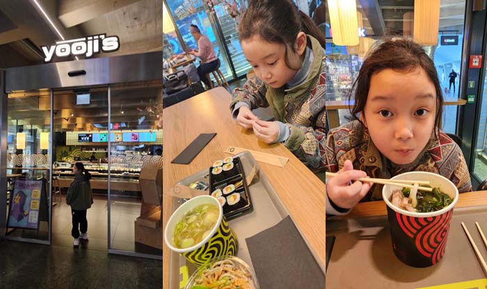 루체른 중앙역 지하상가의 Yooji's 입구, 아침으로 먹는 스시와 누들, 점심에는 우동 먹는 중. 맛있다.