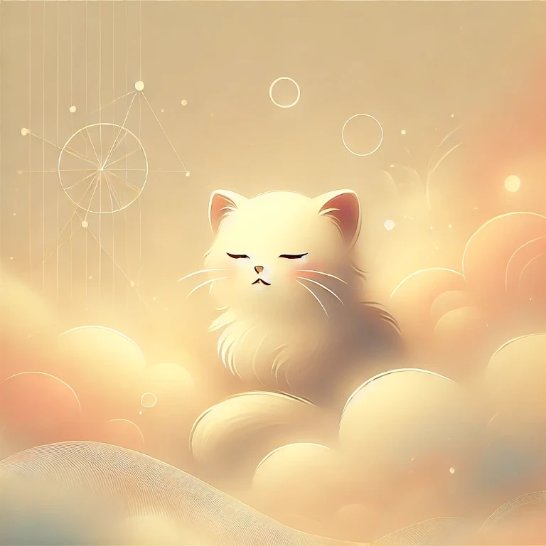 꿈속에서 새끼고양이를 상징적으로 표현한 따뜻하고 부드러운 분위기의 일러스트