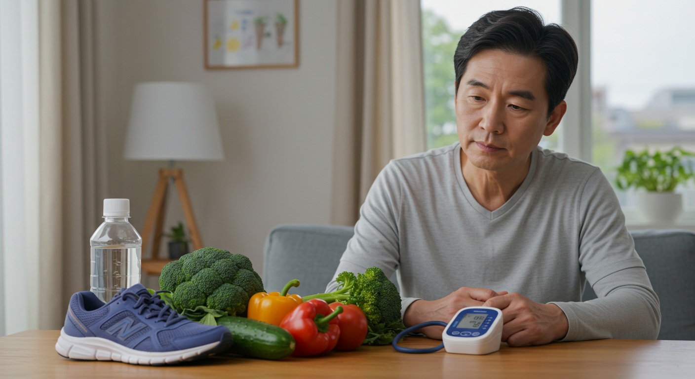 콜레스테롤 관리를 위한 다양한 생활습관 요소들을 보여주는 장면