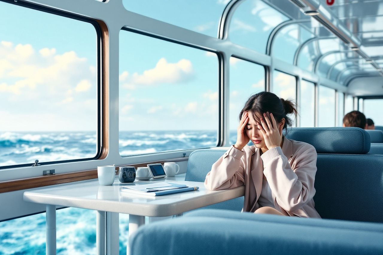 배멀미로 괴로워 하는 여자