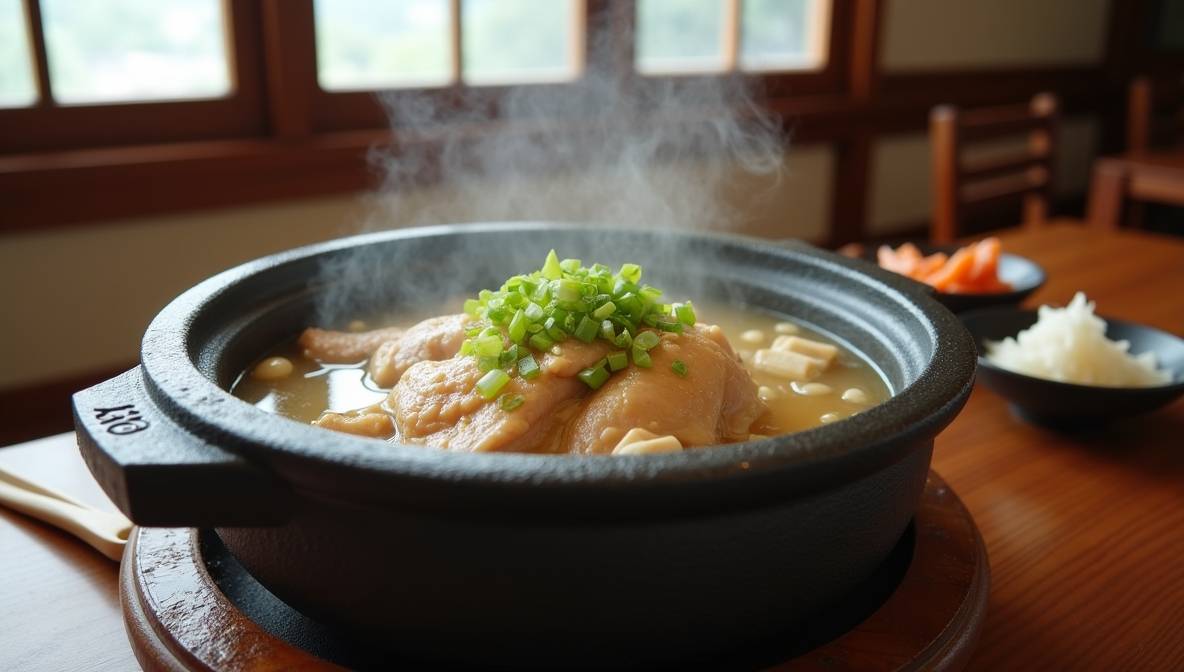 김이 모락모락 나는 전통 삼계탕이 뜨거운 뚝배기에 담겨 있고,
송송 썬 파 고명이 올라가 있음.