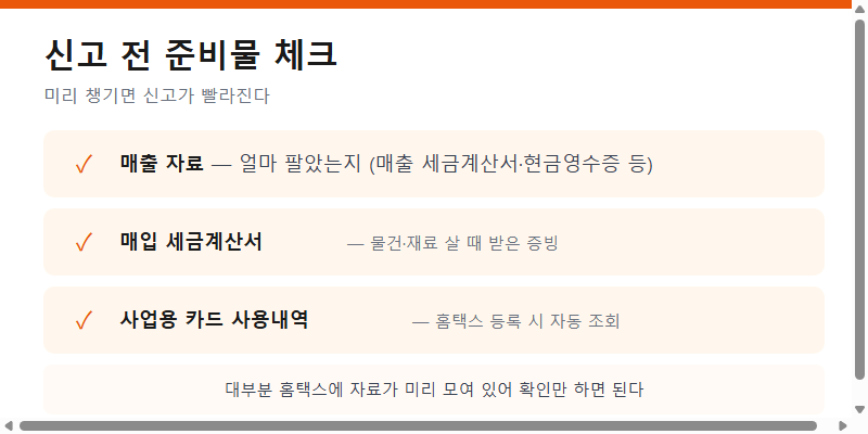 부가세 신고 준비물 체크리스트 (매출자료, 매입 세금계산서, 사업용 카드 내역)