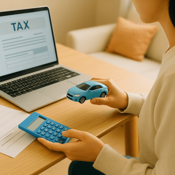 자동차세 환급 조건을 확인하는 실내 장면과 자동차 모형