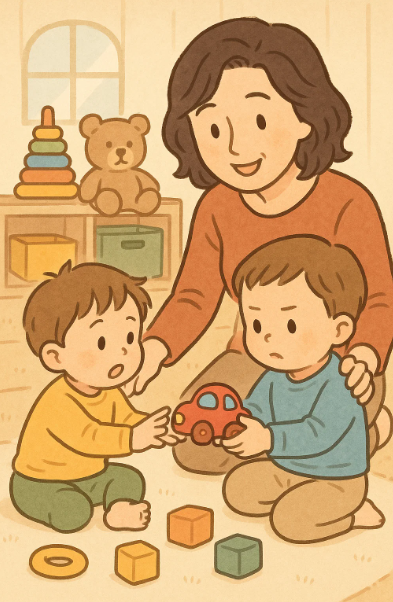 장난감을 사이에 두고 소통하는 두 아이와 중재하는 부모