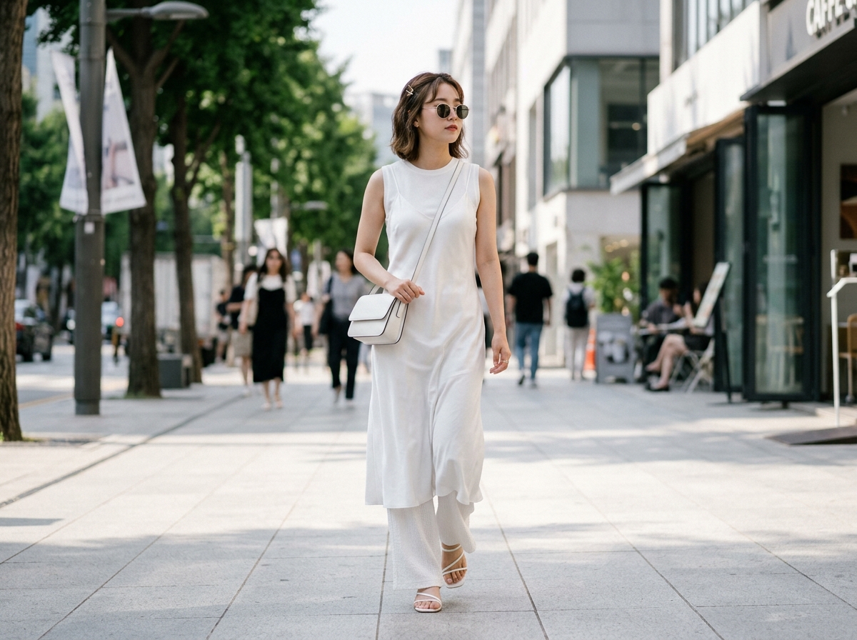 A stylish Korean woman wearing a white slip dress layered over wide-leg white trousers, the dress hem visible at the sides, minimalist styling, cream and white tones, editorial fashion photography, artistic layering summer look