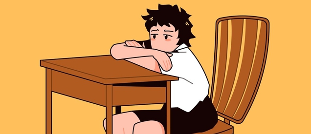 걸상에 힘없이 앉아 있는 학생 사진